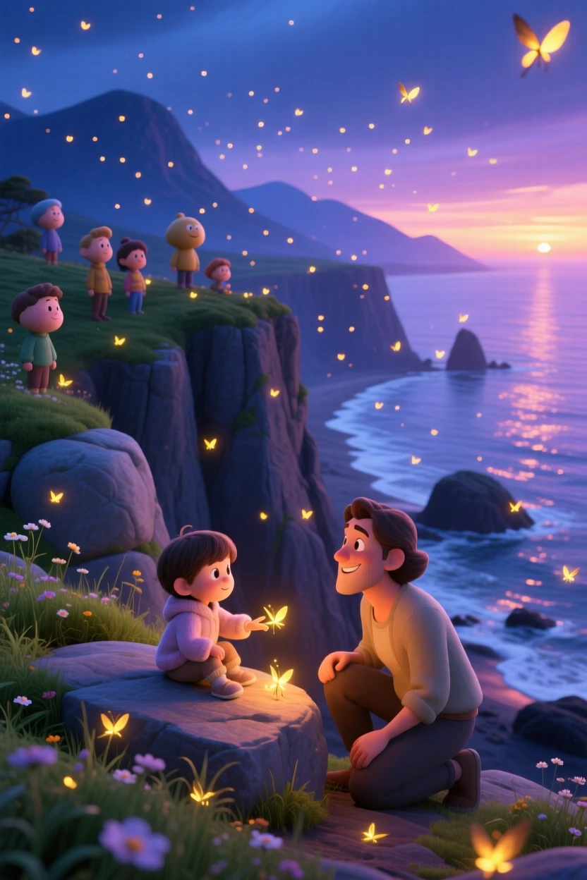 A rugged coastal cliff glows as fireflies begin to flicker in the twilight, with distant mountains fading into soft haze. The mood is serene, vast, and quietly majestic.