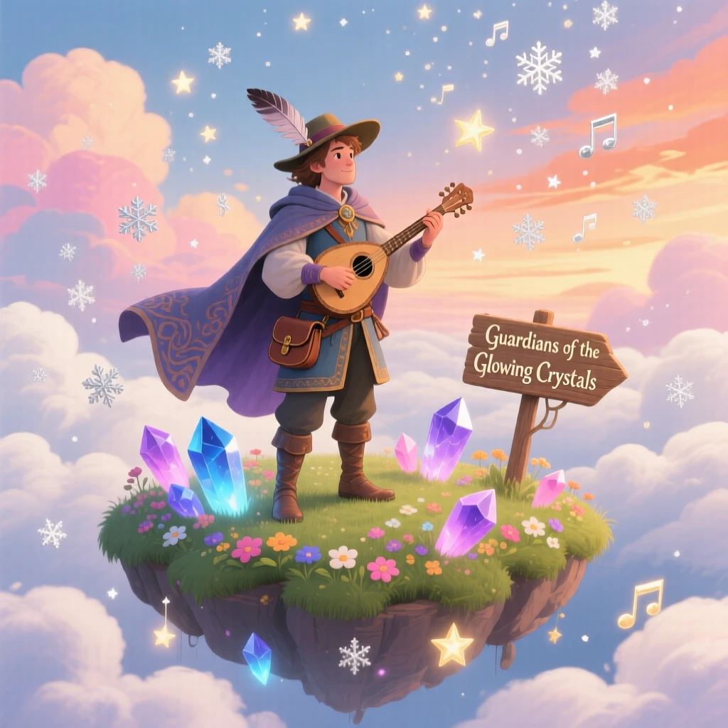 A wandering bard is guarding a treasure of glowing crystals in a floating island in the clouds, as tiny stars fall like snow.