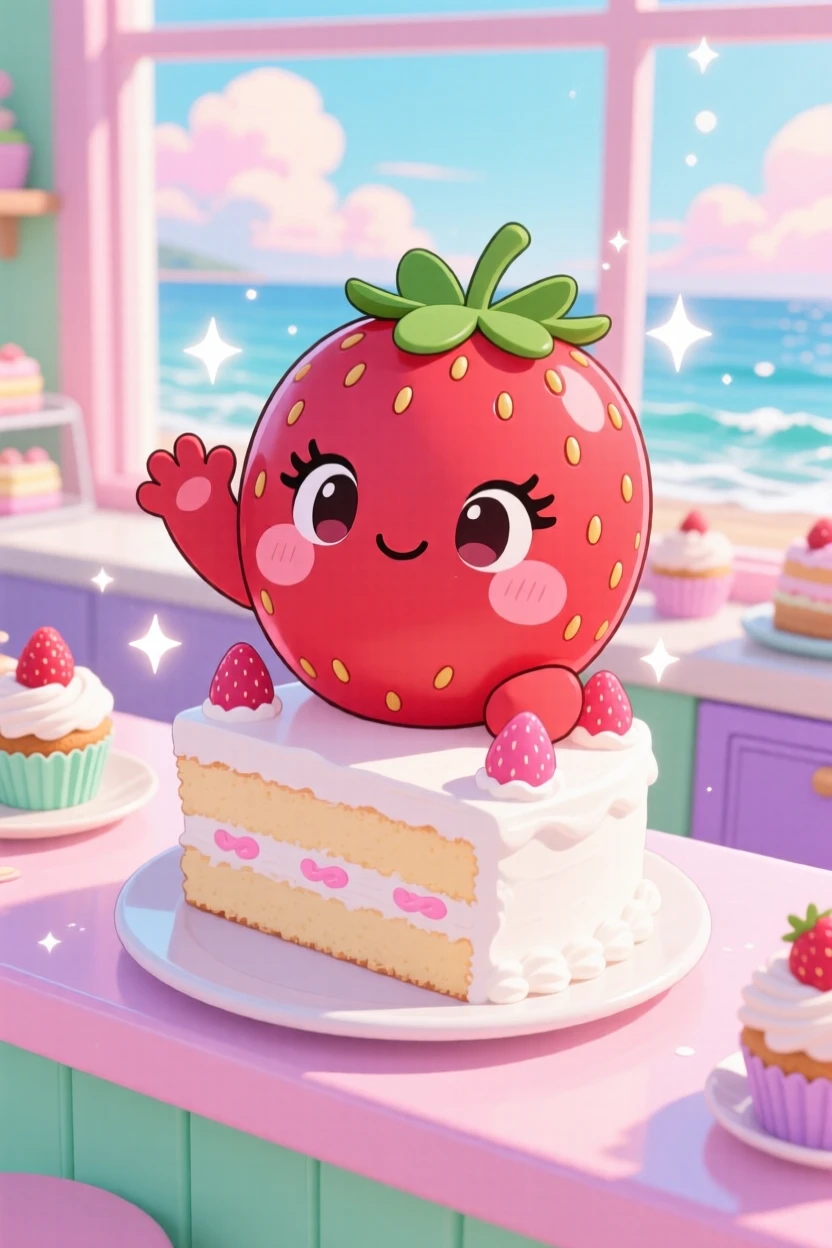 Worm's-eye view of a round strawberry character with a rosy blush, waving happily from atop a slice of cake, in a pastel bakery counter, on a breezy coastal afternoon, illuminated by sparkling starlight, radiating shy bashfulness.