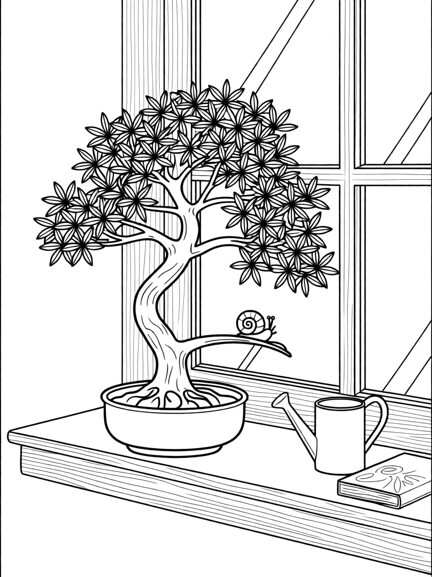 A bonsai tree on a wooden windowsill, with a small snail resting on a nearby stem.