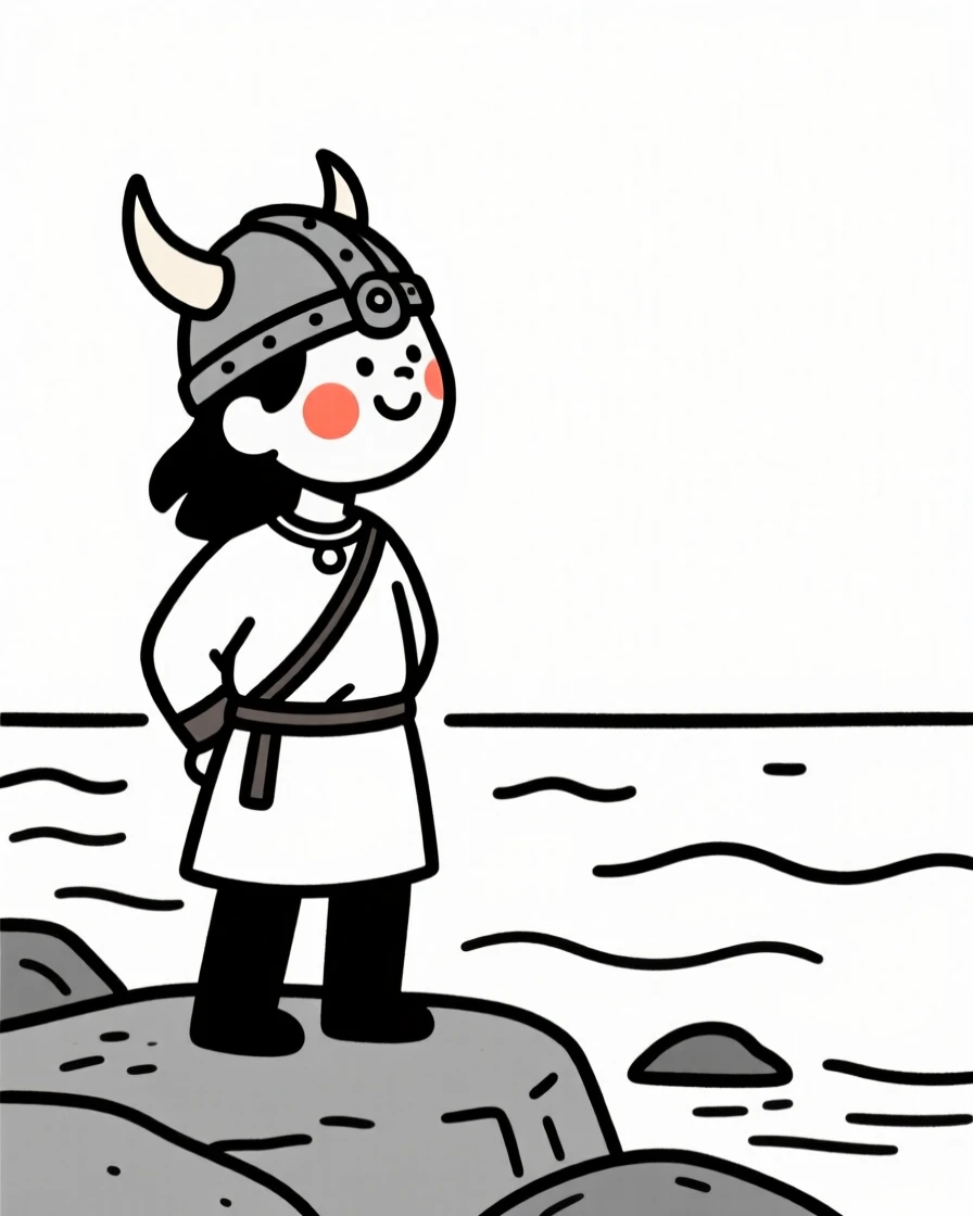 A viking explorer gazing at the sea, beaming with pride.