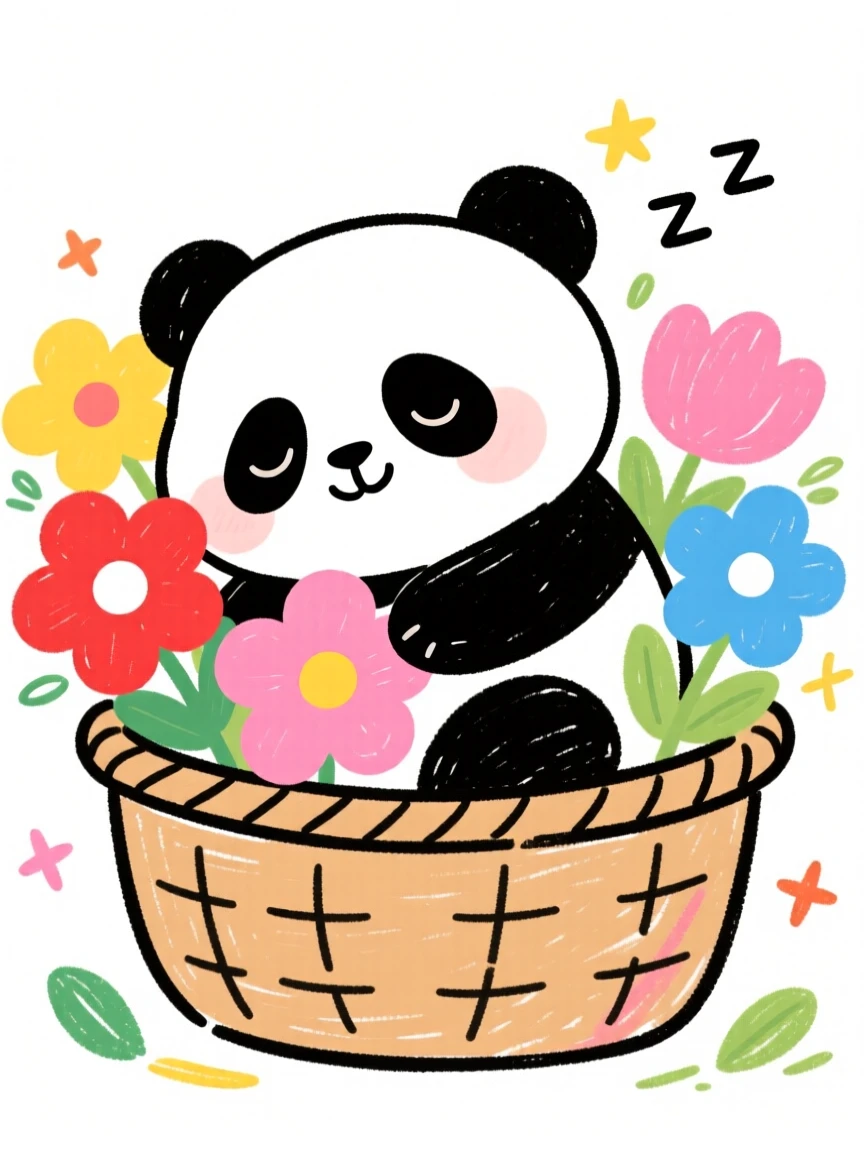 A sleepy panda cub napping in a basket of soft flowers.