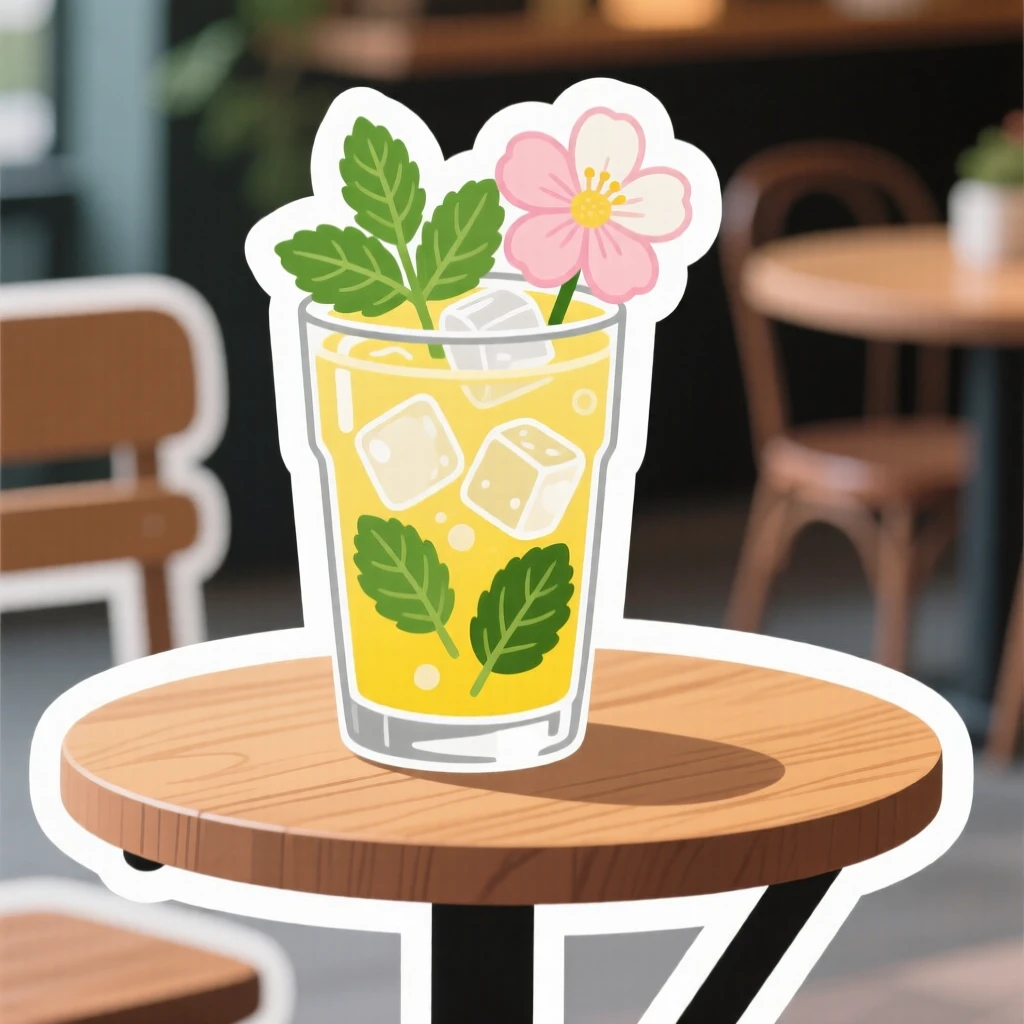 A freshly made glass of iced lemonade with mint leaves, topped with a single edible flower, on a cozy café table.