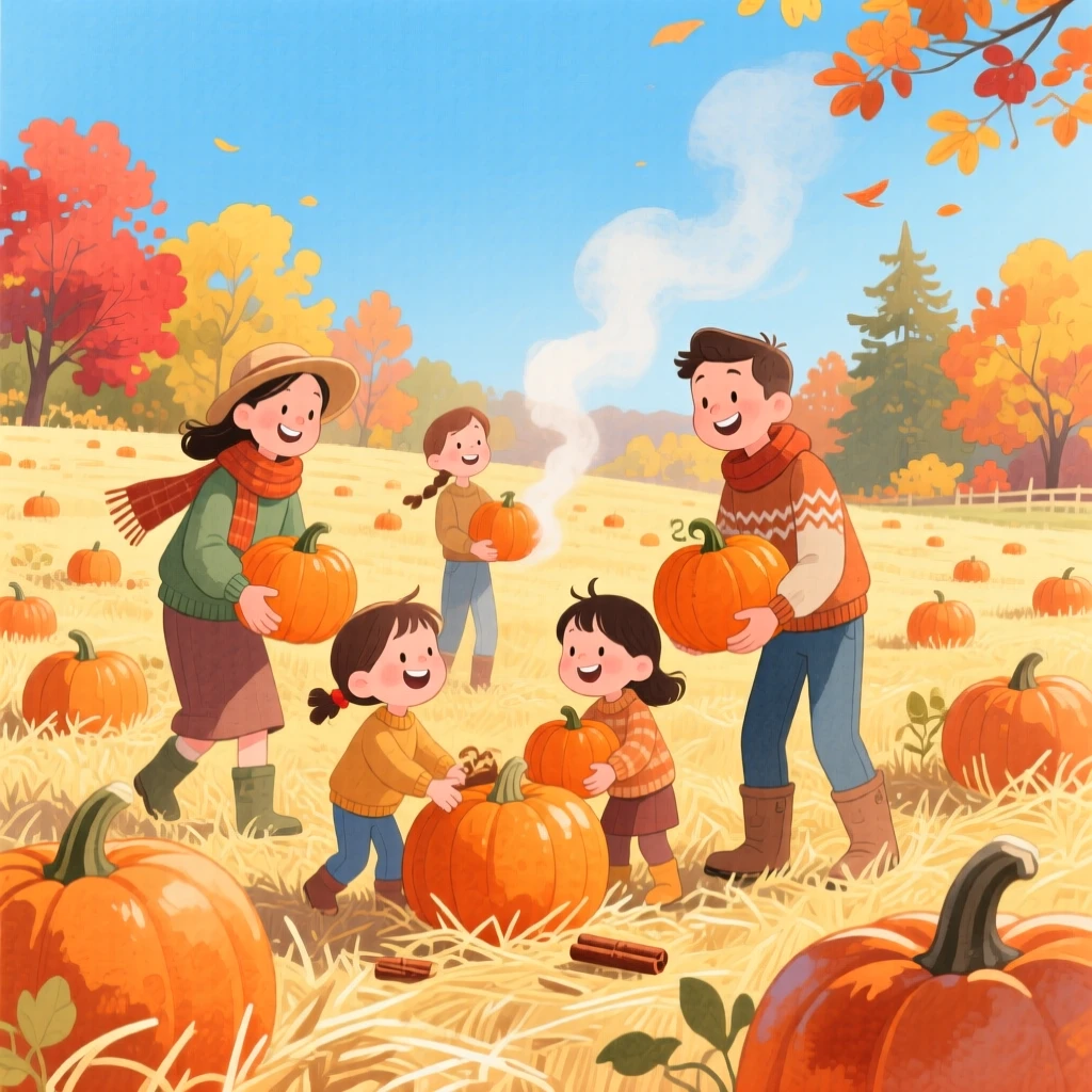 A family harvesting pumpkins together in a autumn patch, in a golden pumpkin patch under a crisp blue sky, with the scent of cinnamon and pine in the air, evoking wholesome autumn family time.