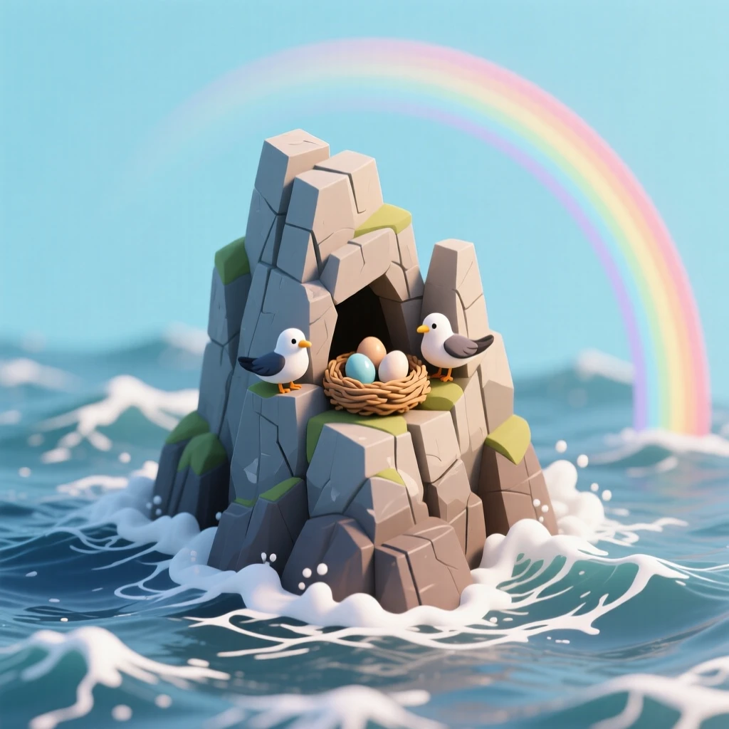 A rugged sea cliff battered by waves, seabirds nesting in rocky crevices, and a rainbow arching over the churning water below.