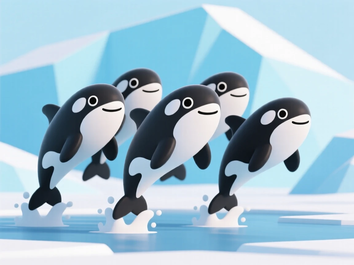 A playful pod of orcas breaches together in perfect synchrony against a backdrop of icy blue glaciers.