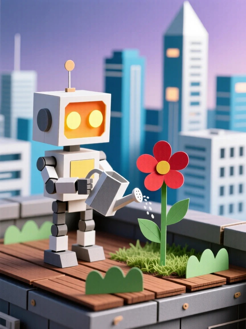 A tiny robot with big glowing eyes watering a single flower in a small rooftop garden overlooking a futuristic city, evoking tender curiosity and hope.