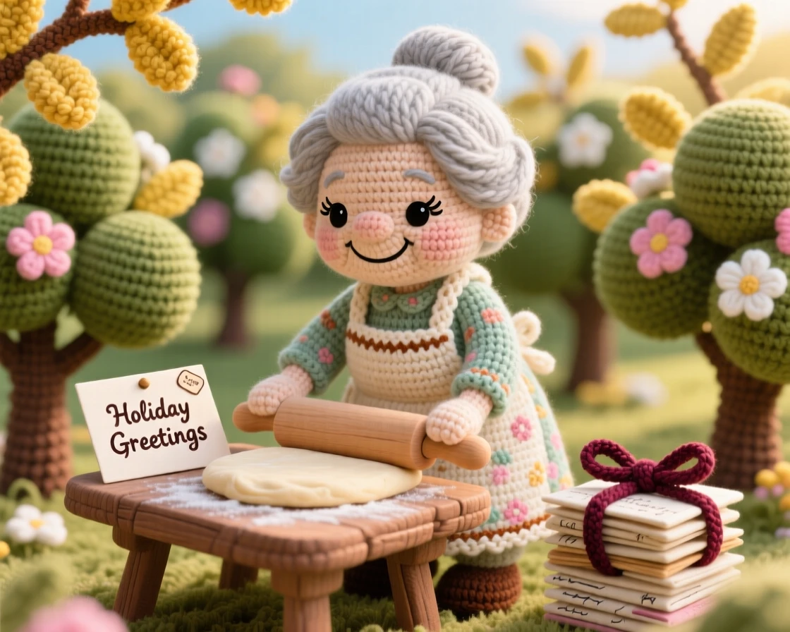 A charming scene of a gentle grandmother baking with an apron dusted in cinnamon, rolling out dough for holiday cookies inside a blooming orchard on a warm afternoon; a stack of handwritten letters tied with ribbon adds to the moment, full of cheerful industriousness and community spirit.