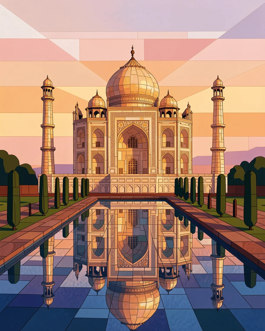 A breathtaking wide-angle view of the Taj Mahal reflected in its still garden pool at sunrise, with rich warm lighting and fine architectural detail.