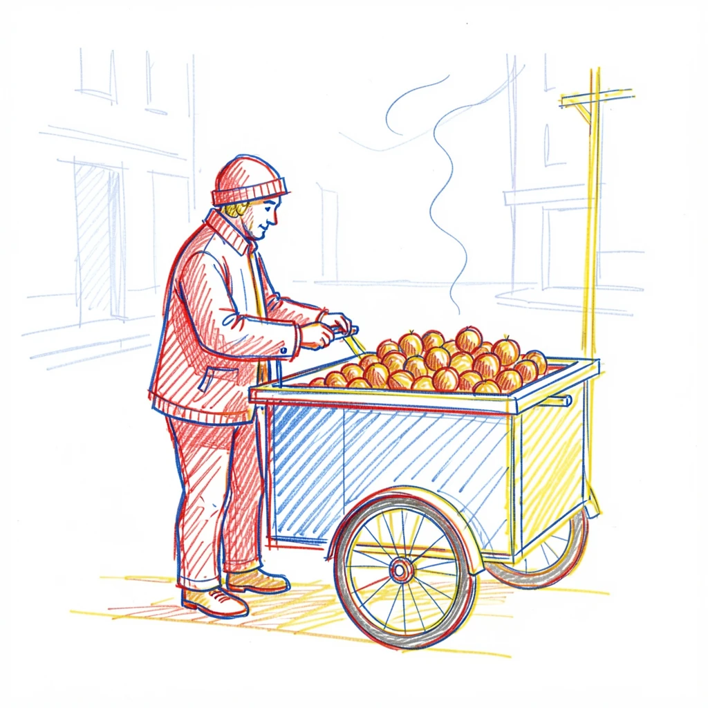 A street vendor selling roasted chestnuts from a cart on a cold evening