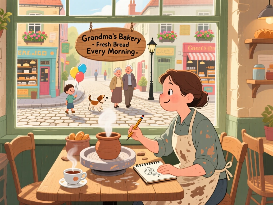 A potter shaping clay on a wheel pauses while sketching the view from a café window in a cobblestone village street, with the smell of fresh bread drifting through the air.
