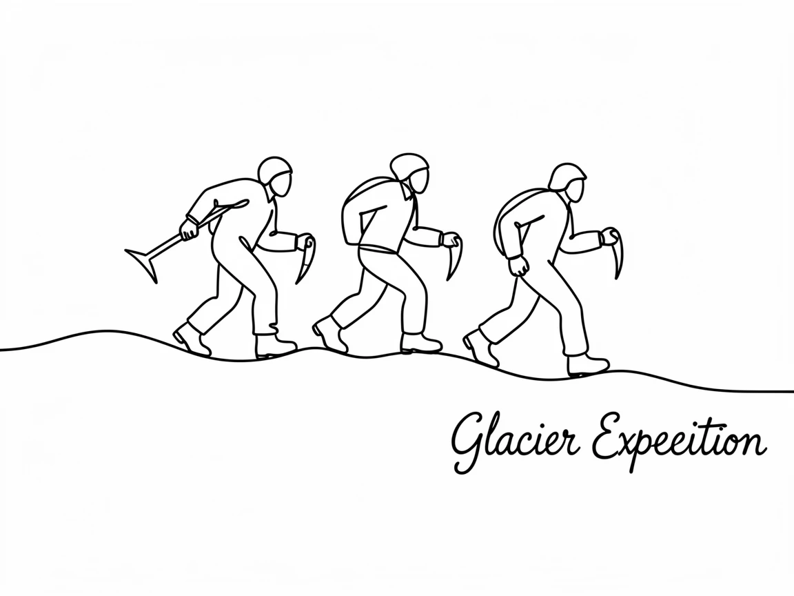 A group of explorers trekking across a glacier with ice axes in hand