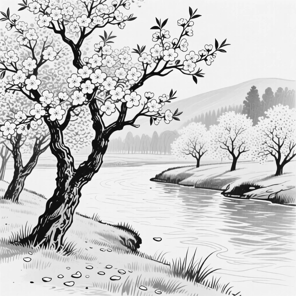 A peaceful riverside orchard in full spring blossom.