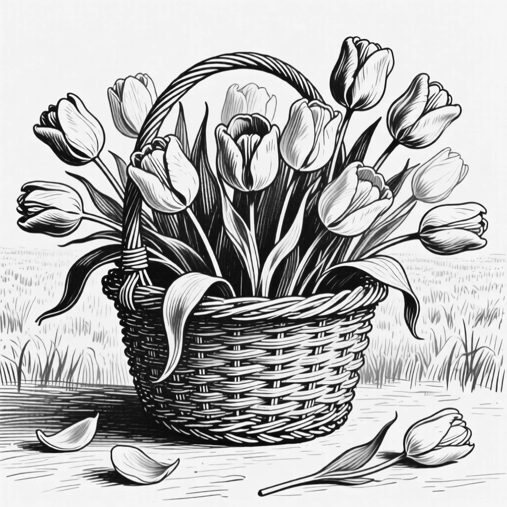 A field of tulips spilling out of a wicker basket, with a few loose petals scattered below, composed in a gentle and fleeting still-life arrangement.