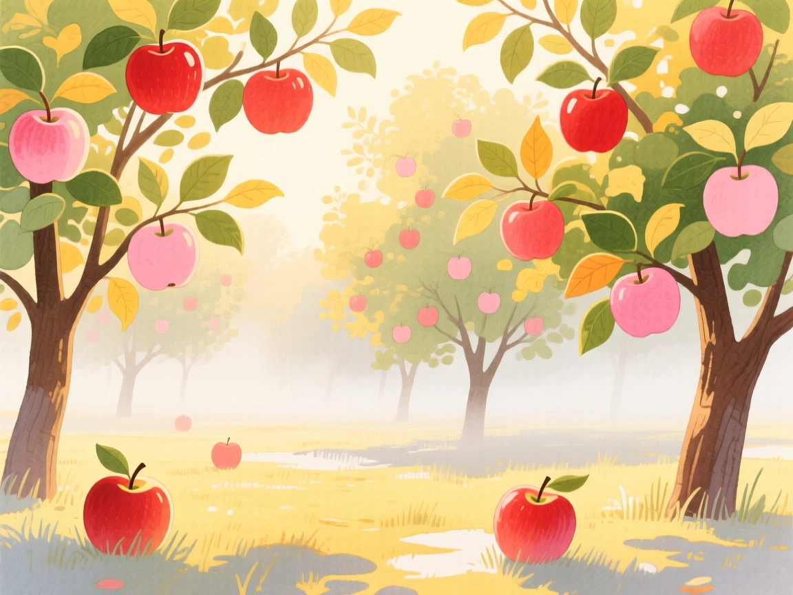 An orchard heavy with ripening apples bathed in warm light under a soft blanket of fog.