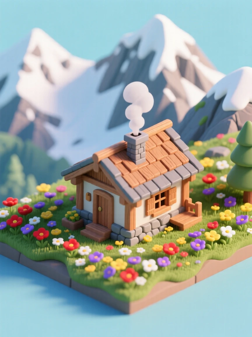 An alpine meadow bursting with wildflowers, snow-capped peaks rising behind, and a mountain hut with smoke curling from its chimney.