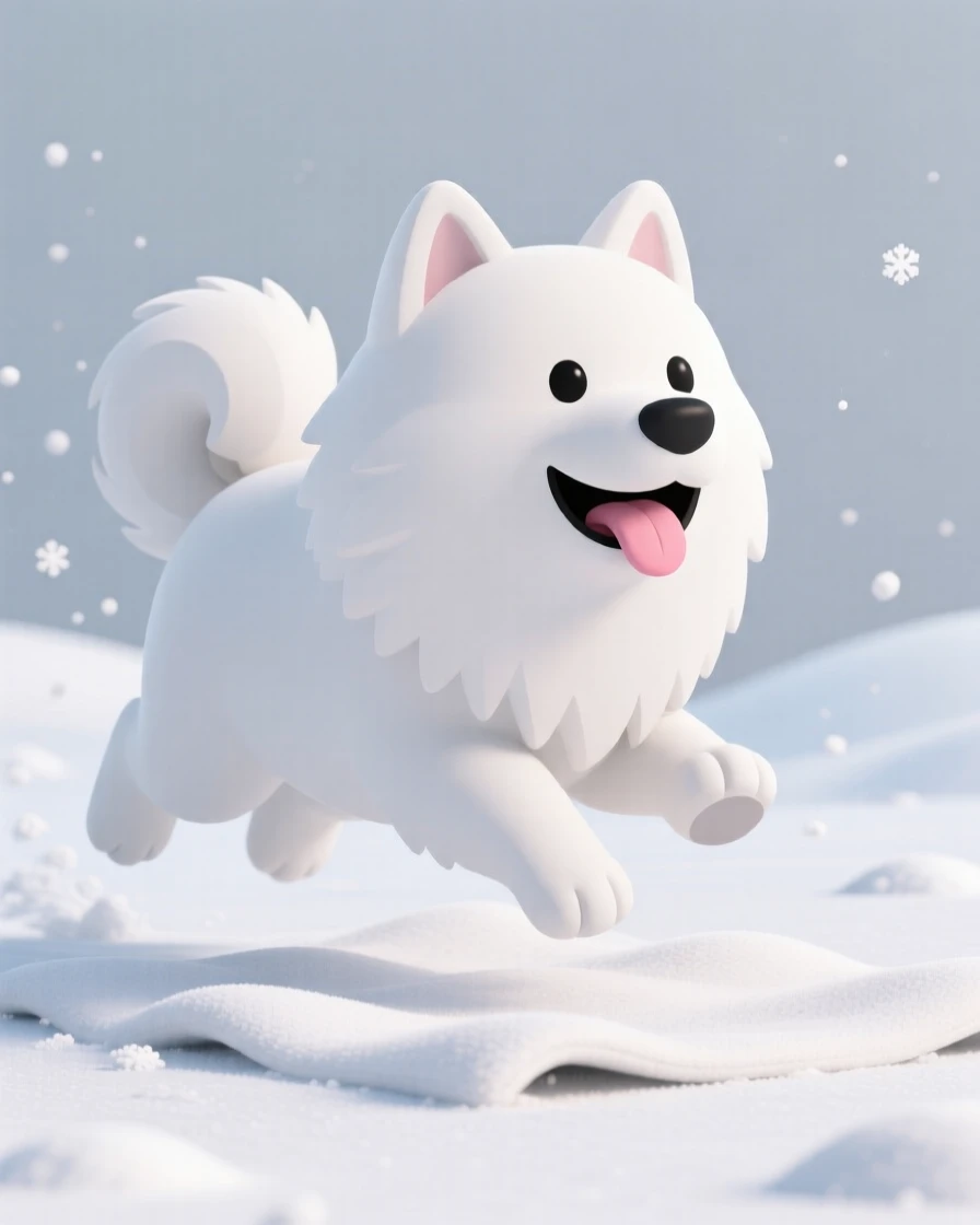 A fluffy Samoyed dog grins with its tongue out, bounding joyfully through a fresh blanket of snow.