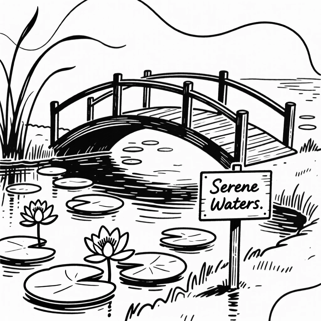 A tranquil lily pond with a wooden bridge arching over it.