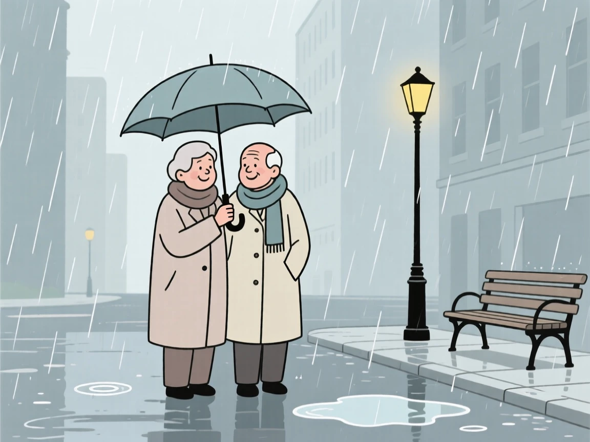 An elderly friends sharing an umbrella in the rain on a quiet weekend afternoon in the city.