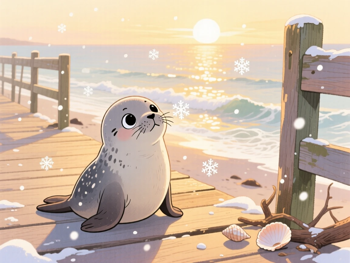 A baby seal watching snowflakes fall for the first time, set in a seaside boardwalk at golden hour, capturing a fleeting moment of quiet contentment.