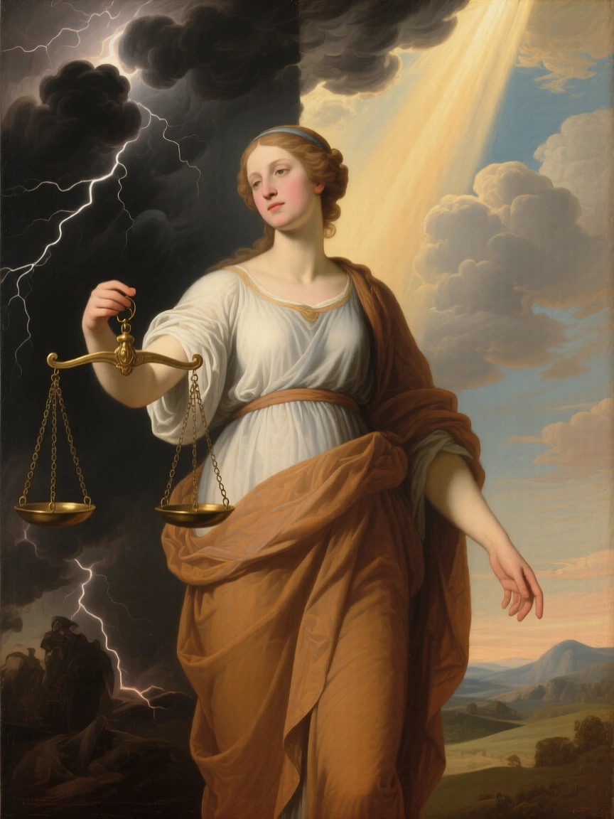 The personification of Justice balancing her scales beneath stormy skies as unseen forces of fate quietly converge, set beneath a sky divided between storm and radiant light, with a single ray of light illuminating the central symbolic gesture; contrasting light and shadow divide the canvas into meaningful halves, filled with quiet reverence for forces greater than ourselves.
