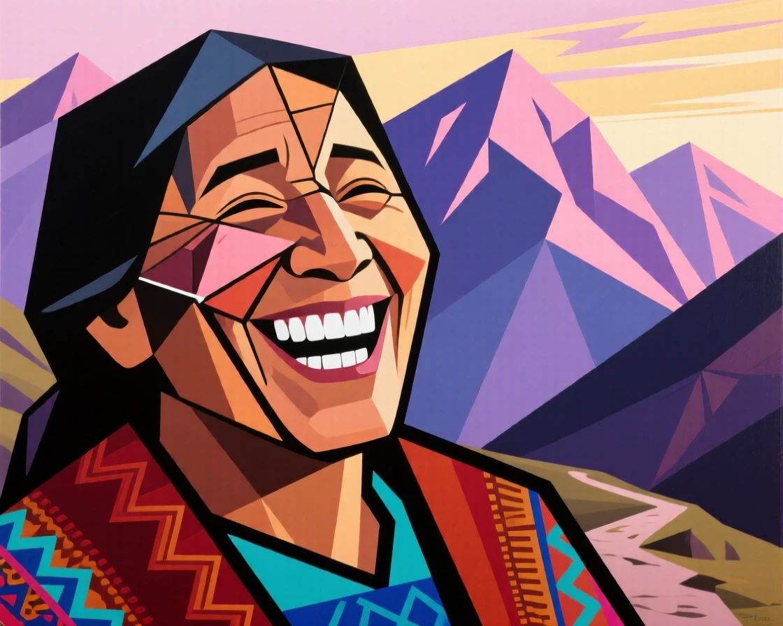 An intimate close-up of a middle-aged woman of Andean heritage laughing joyfully, on a quiet mountain trail at dawn.