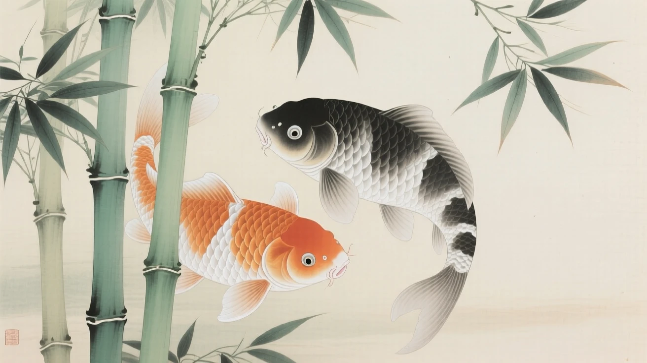 A pair of koi fish nestled among bamboo stalks