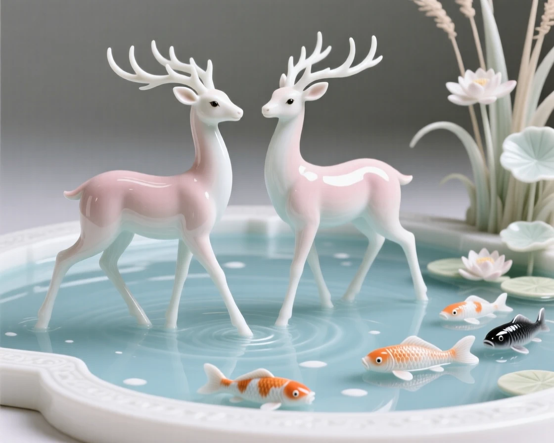 A pair of deer gliding together across a still pond beside an ornamental koi pool.