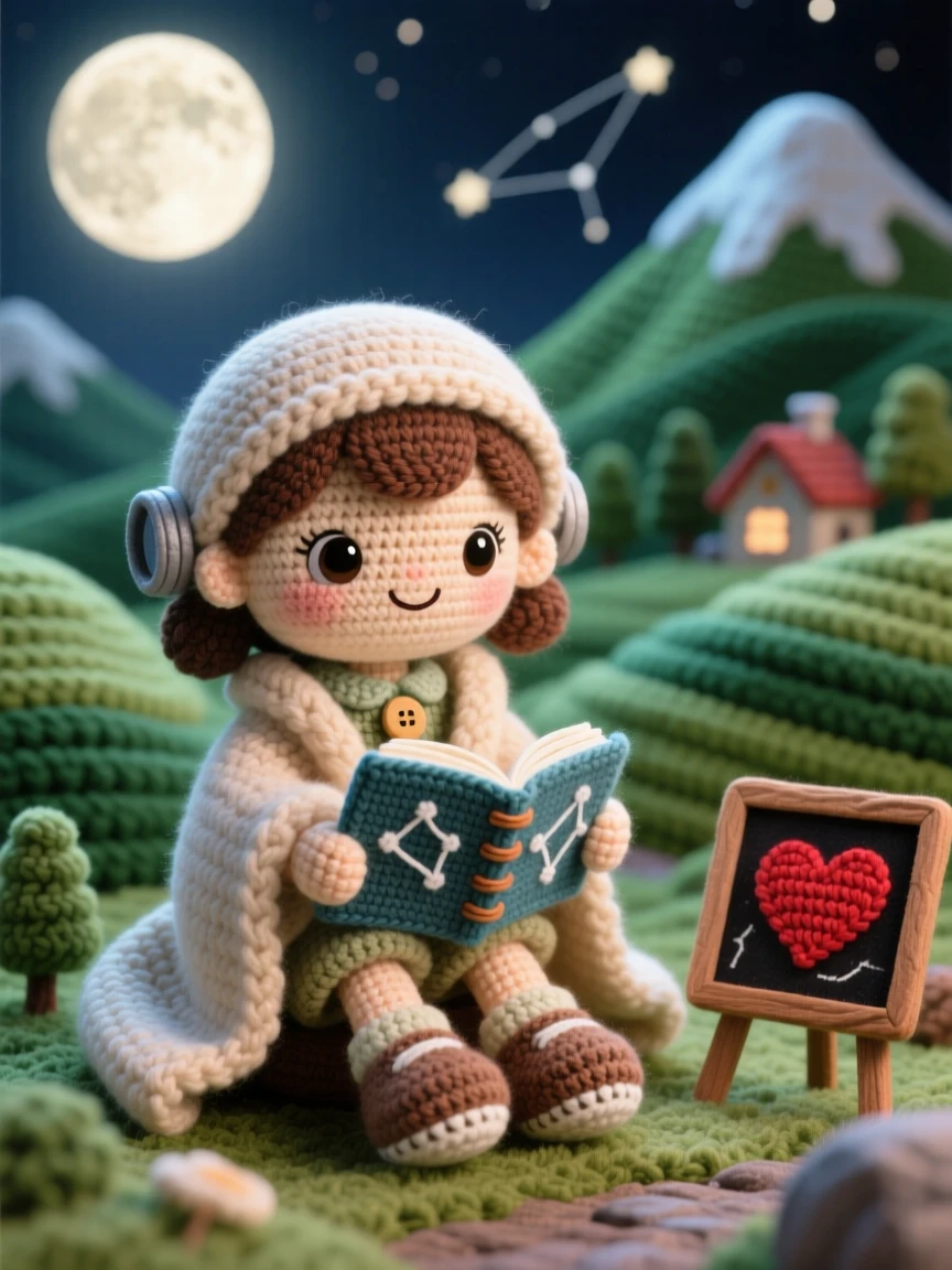 a little girl astronomer, wrapped in a cozy blanket, sketching constellations in a notebook by moonlight, in a mountain village nestled among green hills, with a small chalkboard sign with a hand-drawn heart nearby, conveying warm, homespun charm and quiet dedication.