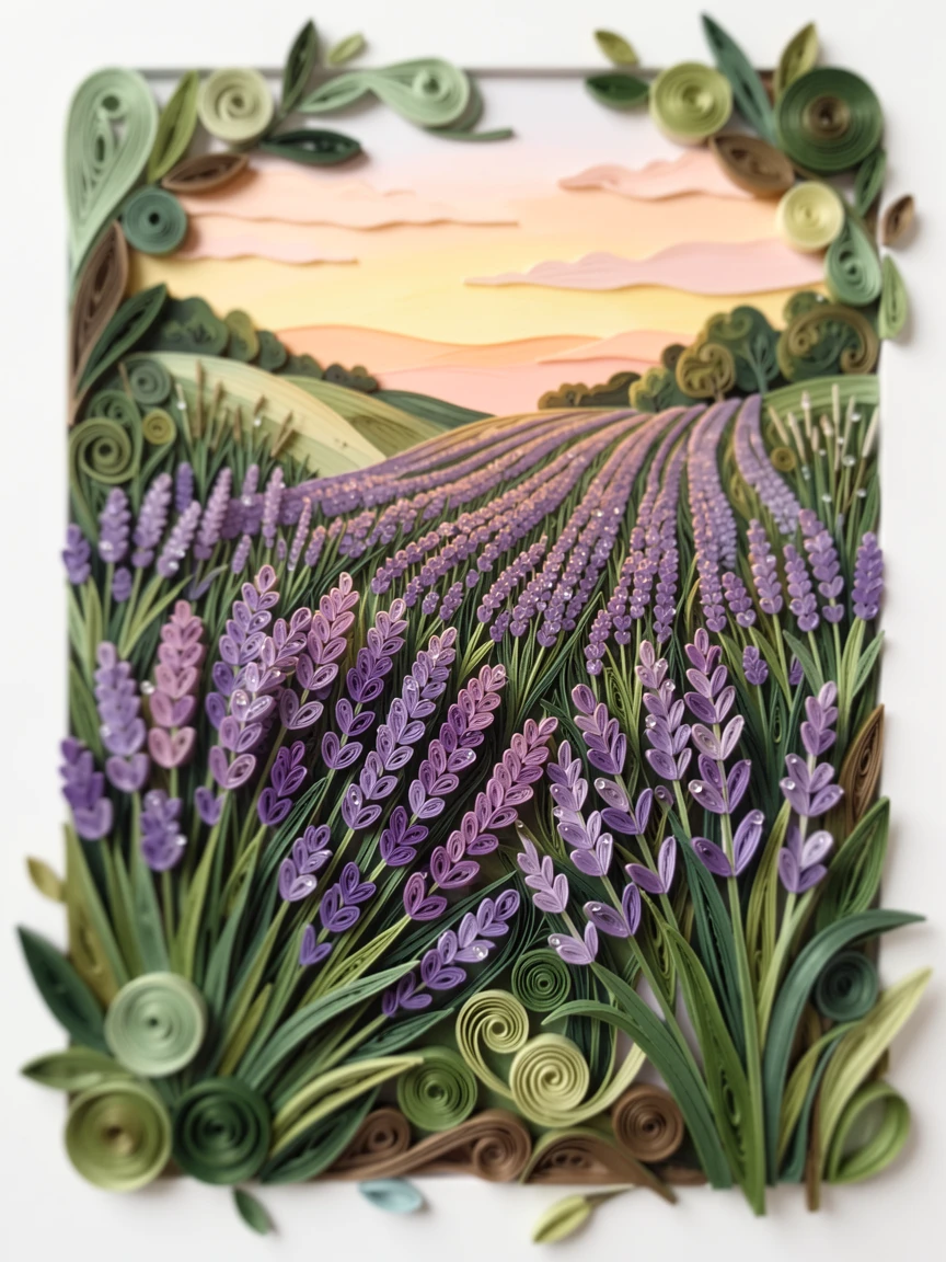 A serene botanical study of a hillside covered in blooming lavender rows in a quiet countryside meadow at sunrise, with morning dew glistening on every petal, framed by soft out-of-focus greenery.