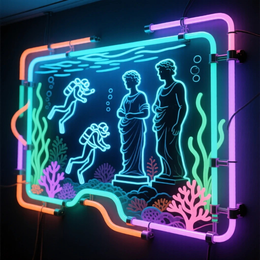 A group of divers exploring an underwater statue garden.