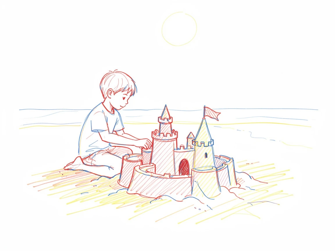 A young boy building an elaborate sandcastle on a sunny beach