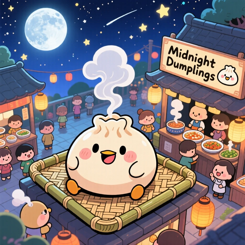 Bird's-eye view: a plump dumpling character, steaming happily on a bamboo tray, set against a bustling street food stall under a starry midsummer night sky, with soft moonlight and a mood of playful mischief.