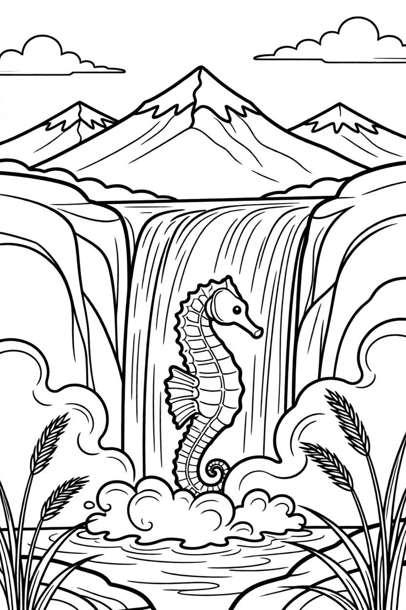 A seahorse peeking out from behind waterfall mist, with a distant mountain range in the background.