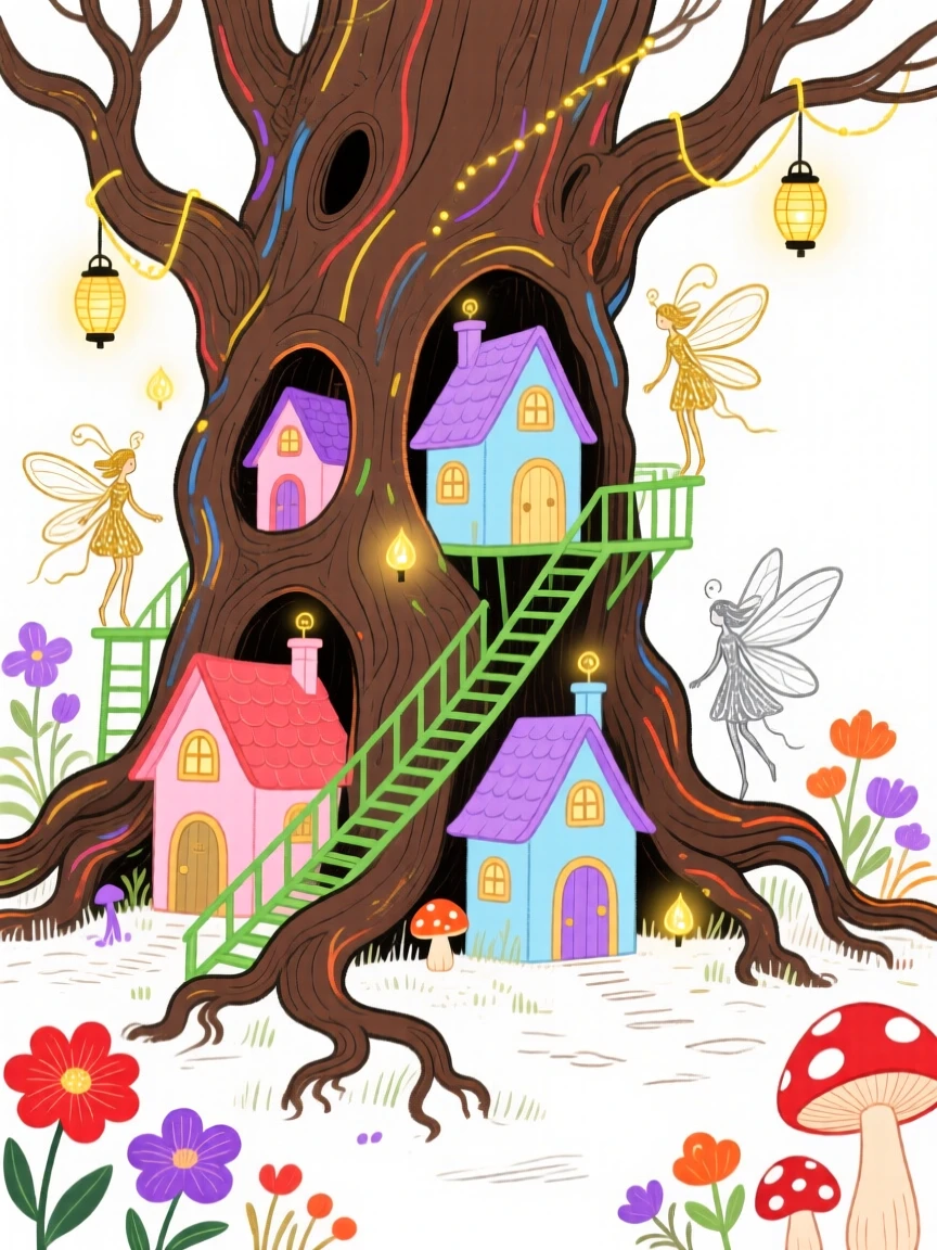 A tiny fairy village built into the roots of an ancient tree.