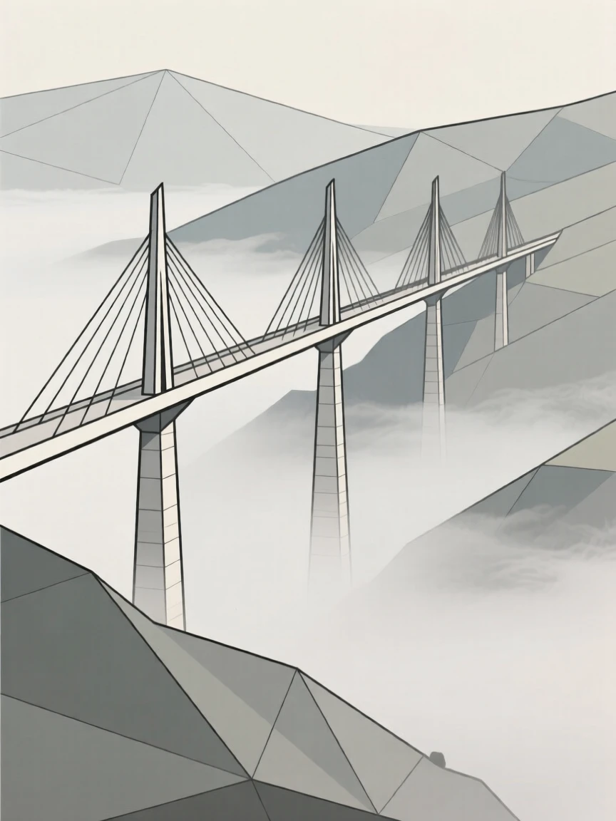The Millau Viaduct bridge crossing a misty valley