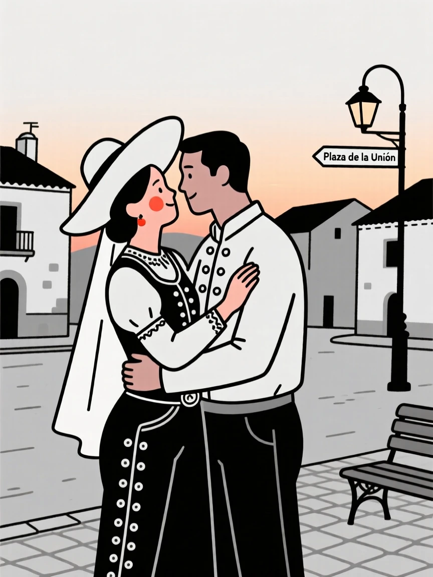 A newlywed woman of French heritage wearing a Mexican charro outfit, sharing a tender embrace, on a village square at dusk.
