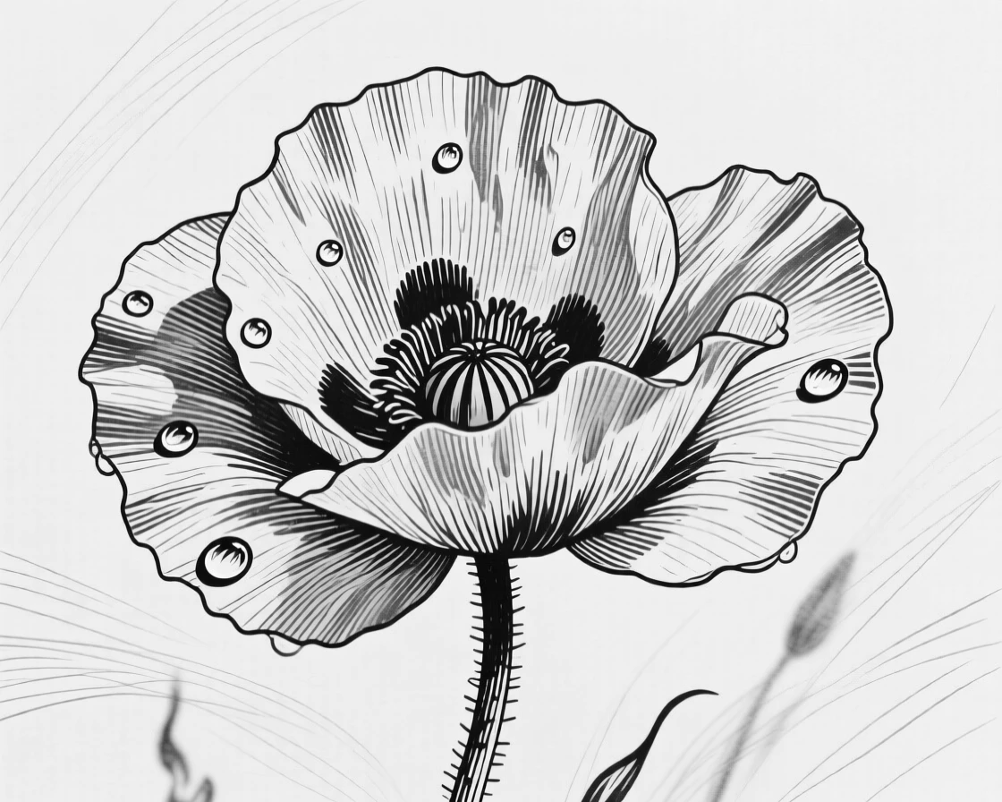 A poppy swaying in the breeze captured close-up with delicate detail, with dew drops clinging to the edges, composed in a gentle and fleeting still-life arrangement.