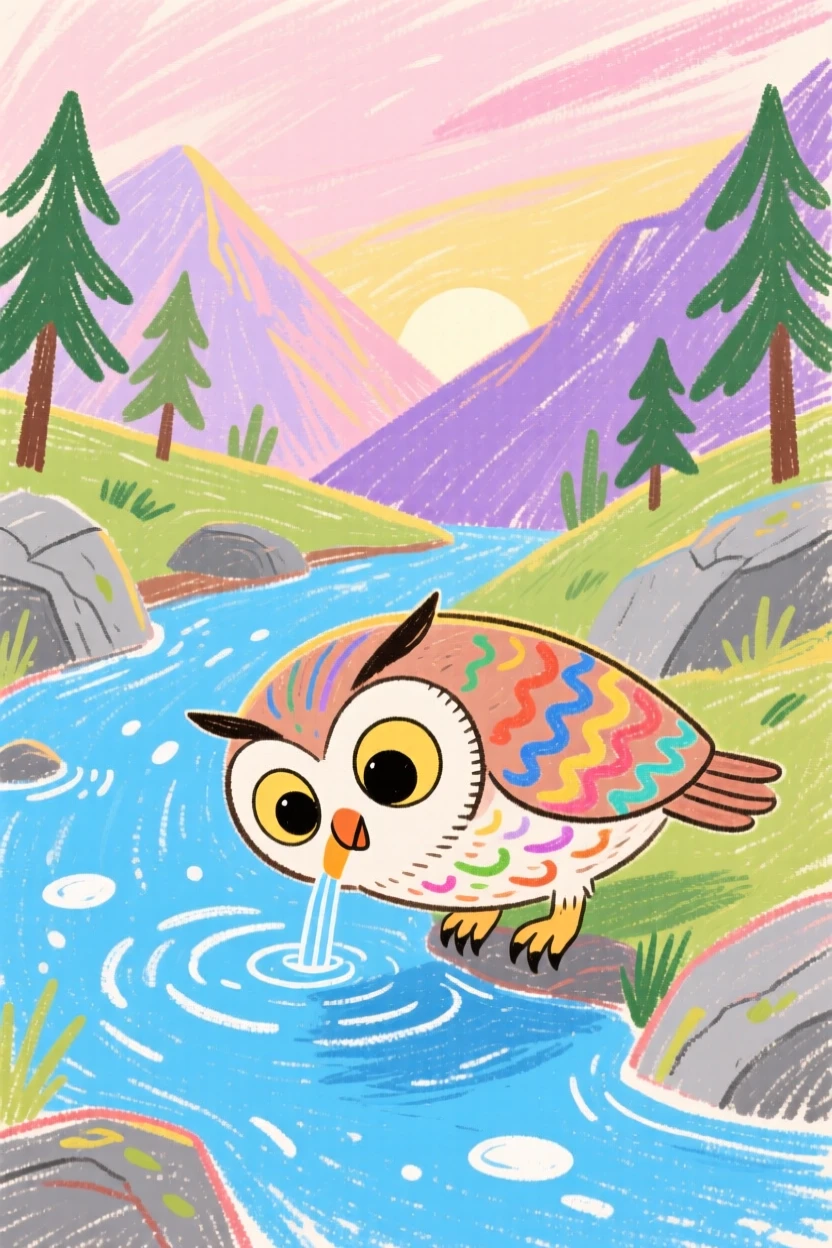 A screech owl drinking from a clear mountain stream at dawn.