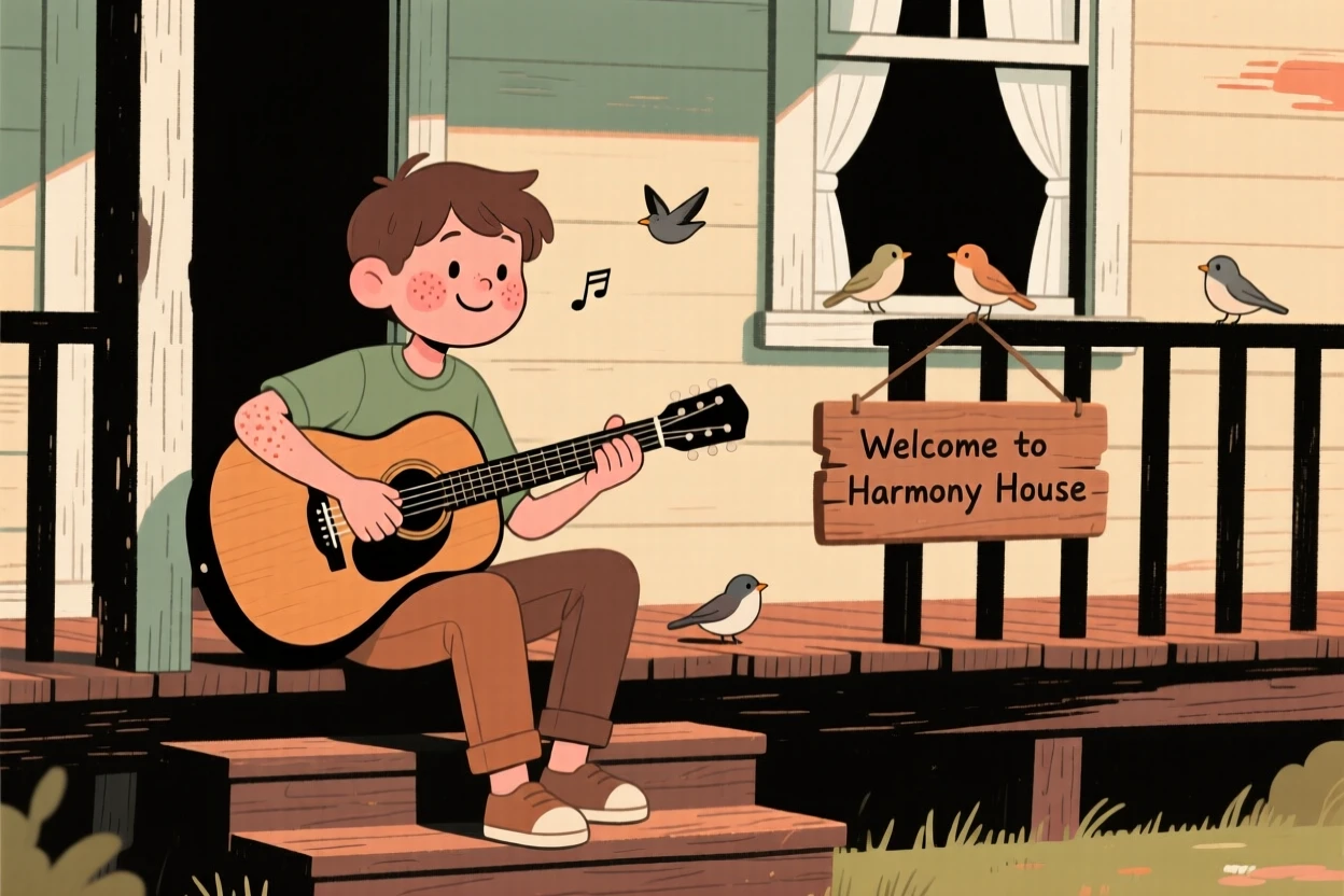 A teenage guitarist sits on the porch steps practicing an old folk song, fully absorbed as birdsong drifts through the open window.