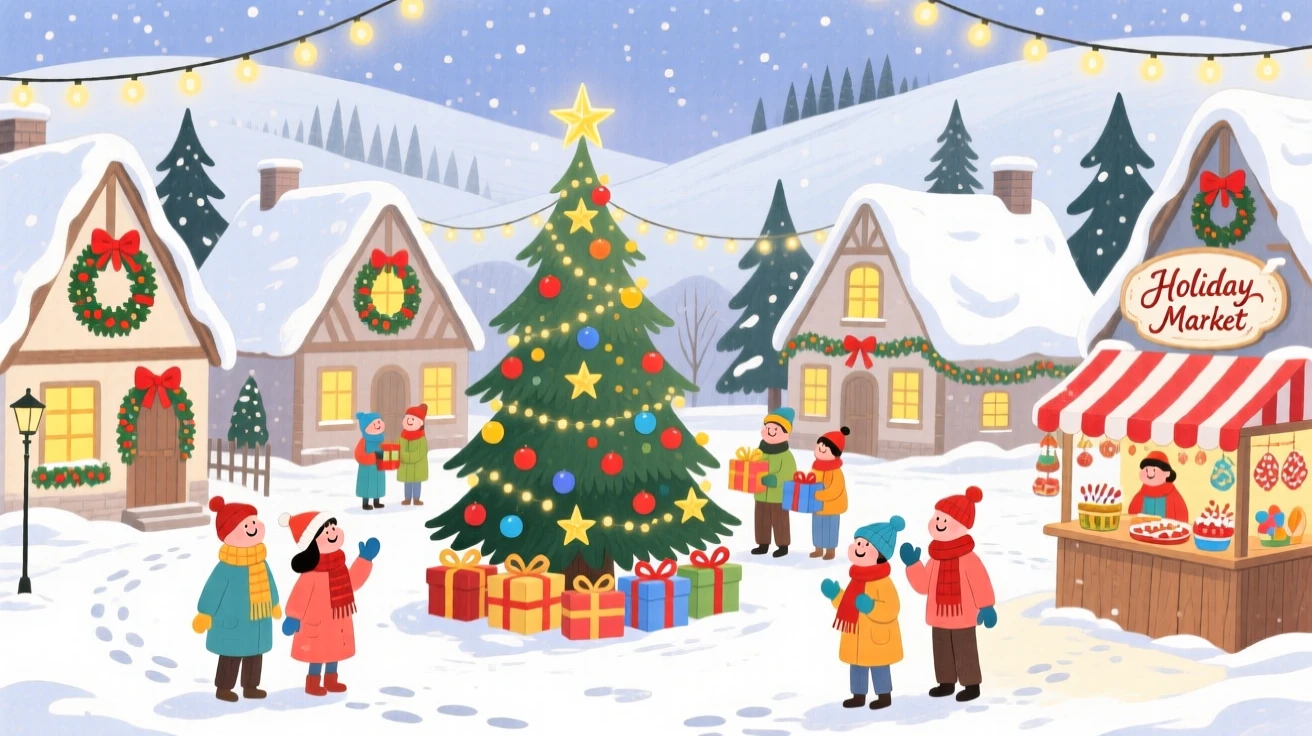 A snowy village square decorated with twinkling holiday lights, filled with seasonal charm.