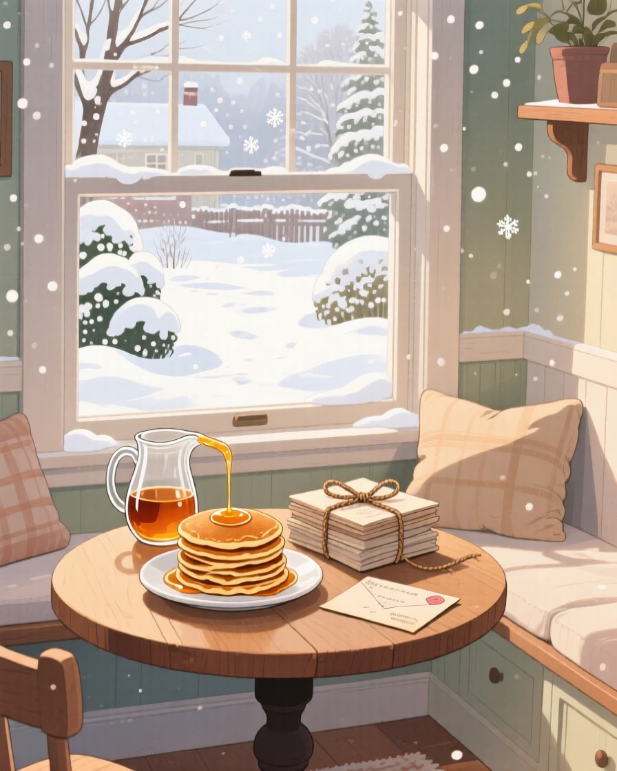 A breakfast nook overlooking a snowy garden, table set with pancakes and syrup, with a stack of letters tied with twine resting close by, wrapped in a feeling of safety and belonging.