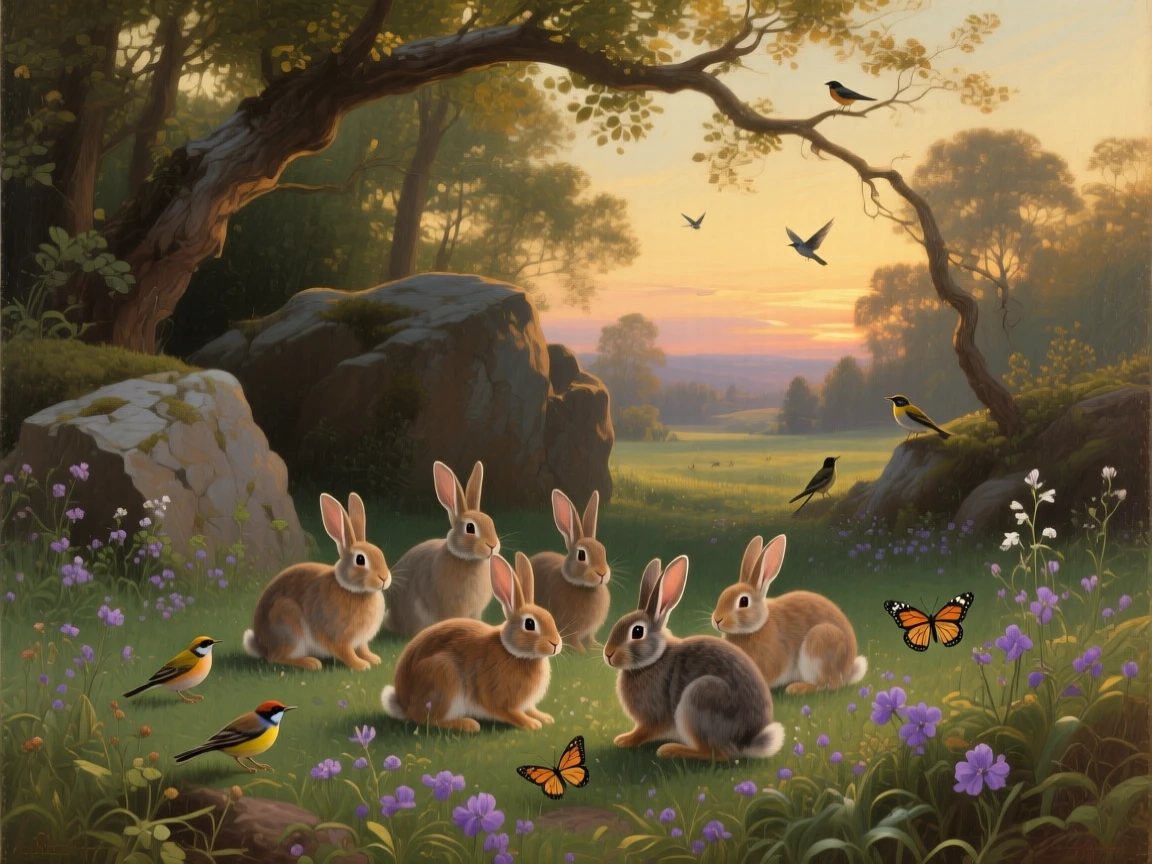 A group of rabbits gathering in a wildflower meadow at twilight at the peaceful, unguarded heart of the natural world, set within a sunlit forest clearing alive with birdsong, with small birds or butterflies adding quiet movement to the scene; strong natural framing from branches or rock formations draws the eye inward, suggesting the timeless harmony between nature and spirit.