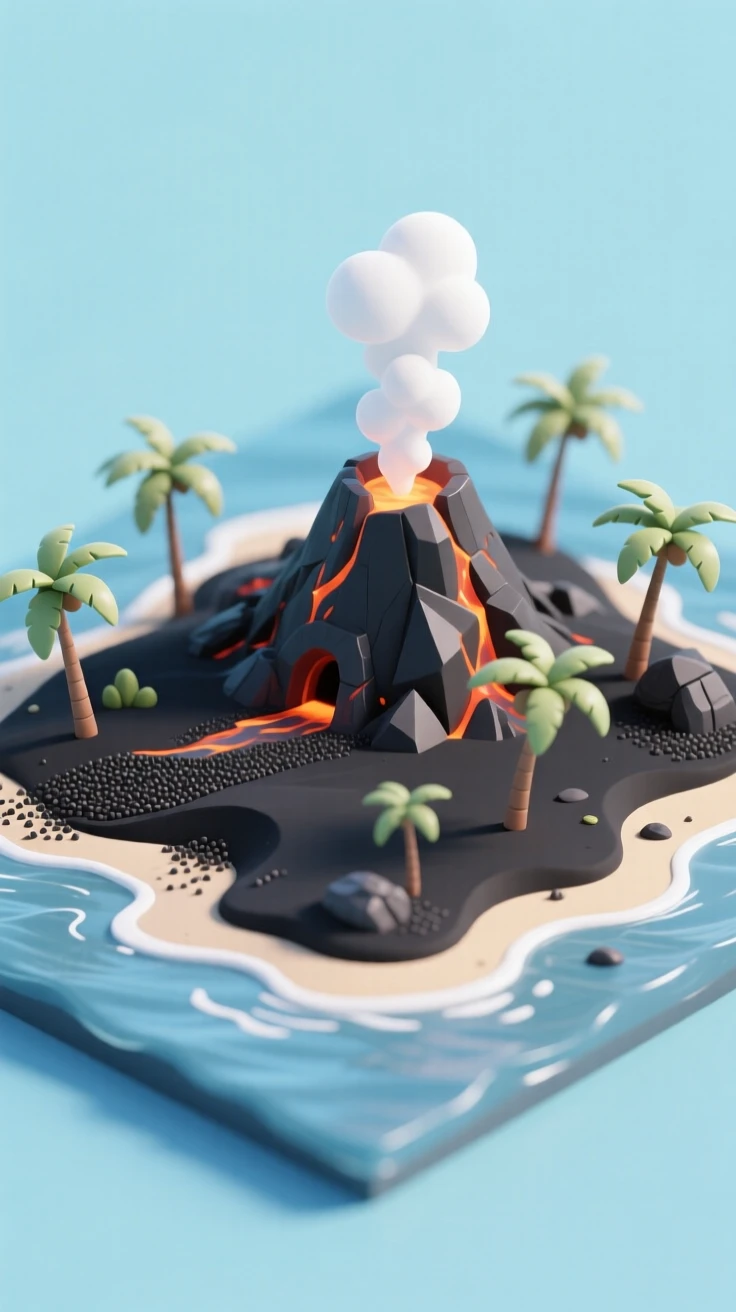 A volcanic island landscape with black sand beaches, steam rising from distant vents, and palm trees leaning against the ocean breeze.