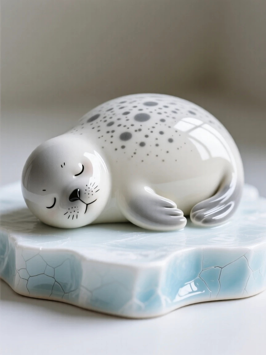 A plump baby seal resting on the ice captured in an irresistibly endearing pose, dotted with tiny, delicate freckled markings, conveying gentle warmth perfect for any family space.