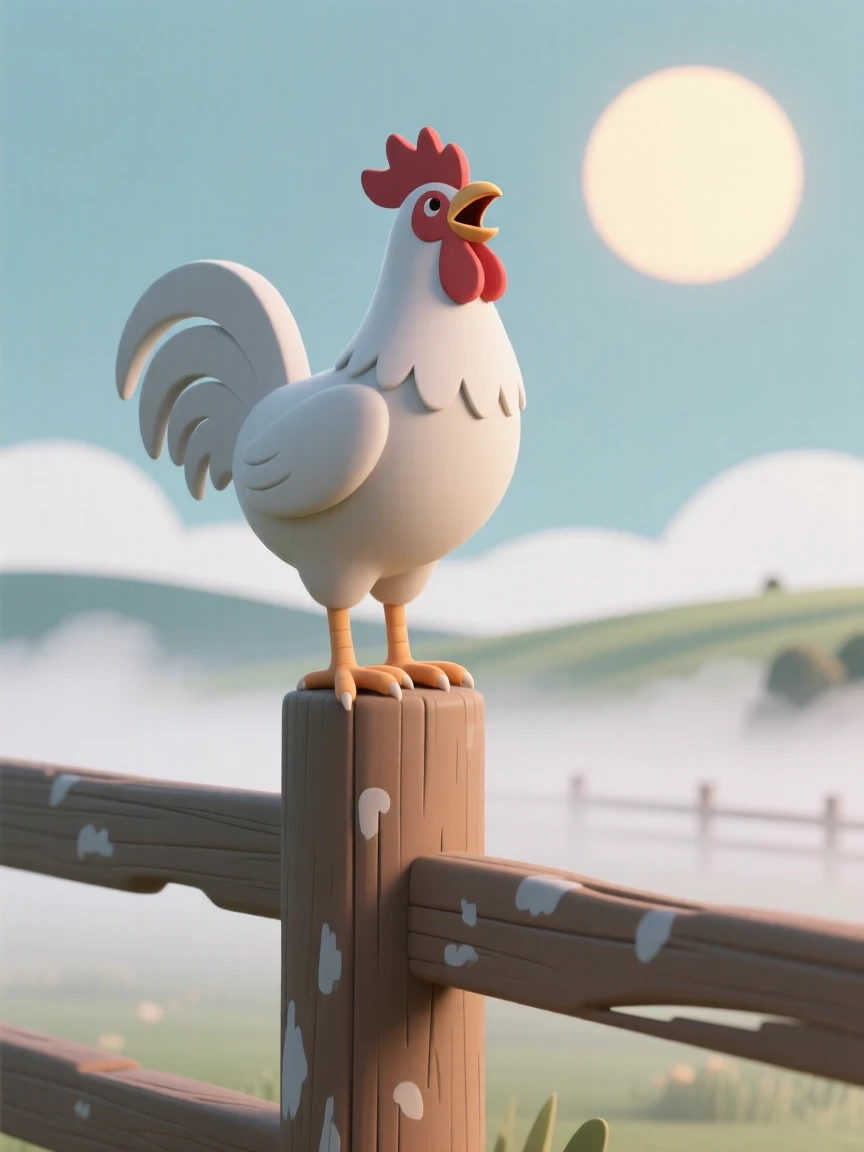 A proud rooster crows atop a weathered wooden fence post as the sun rises over a misty farm.