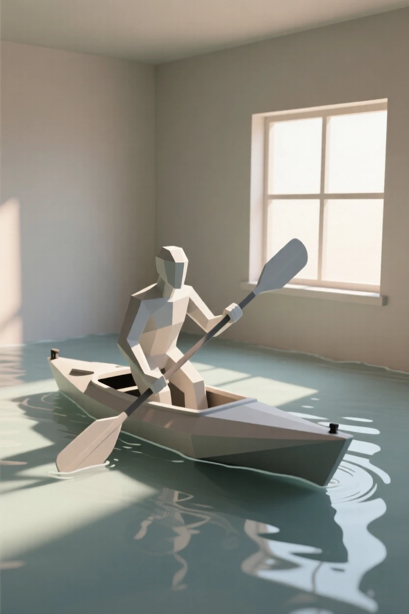 A kayaker paddling through calm turquoise water, in a cozy sunlit studio. dynamic motion is captured with a clear sense of energy. A quiet passion fills the moment.