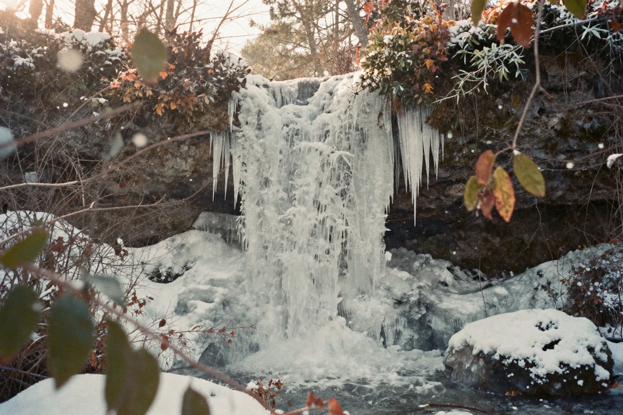 A frozen waterfall glistening with hanging icicles, in warm morning light, amid gently falling snow, in the depths of winter, with muted olive and rust colors, peering through foliage in the foreground.