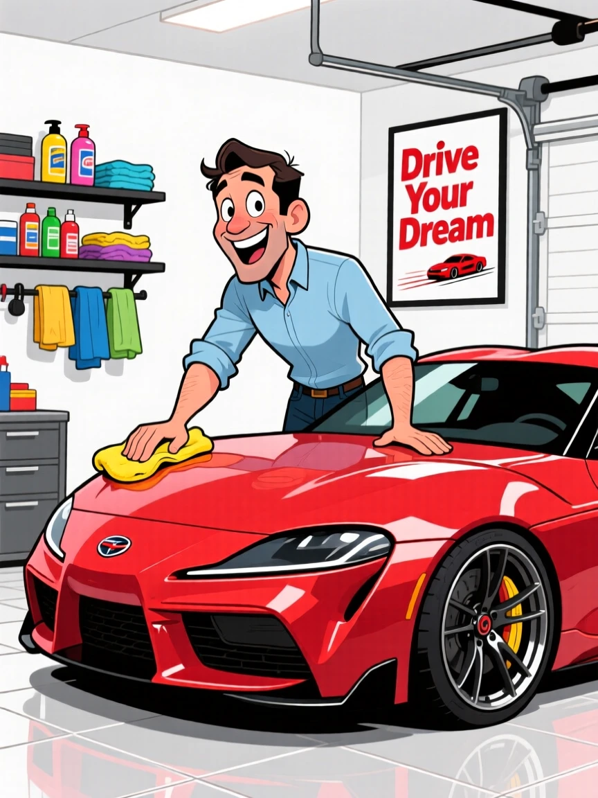 An aspirational lifestyle scene of a man tending to his sports car in a pristine garage, polishing the hood with pride.
