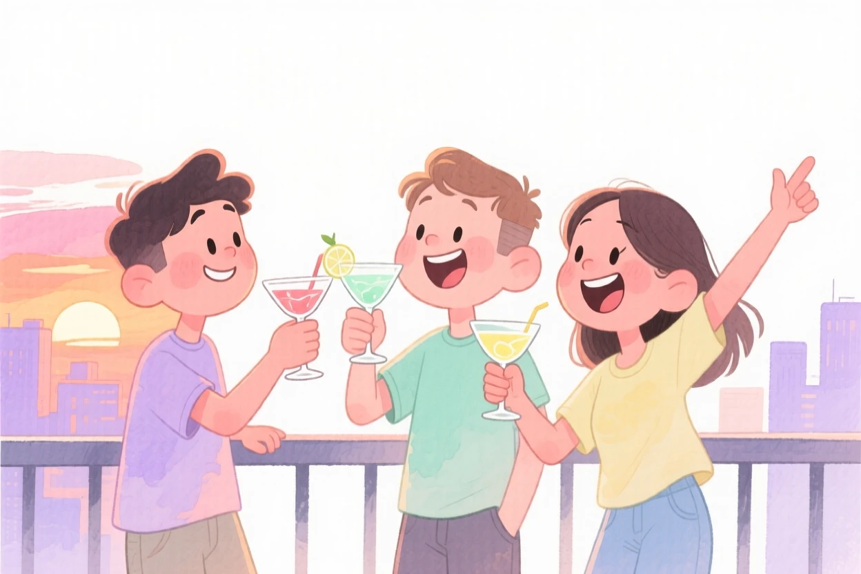 A trio of college friends toasting cocktails on a rooftop terrace at sunset